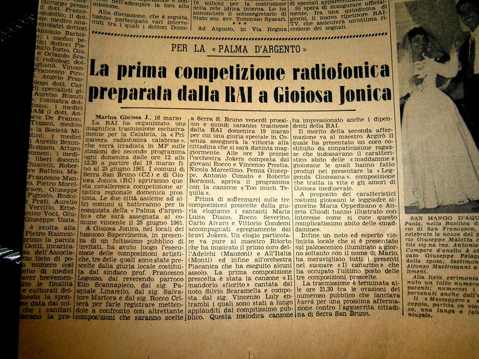 Cara vecchia radio…”La Palma d’Argento”. Trasmissione radiofonica calabrese del 1961.  Musica e cultura.