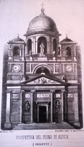 - Il duomo dell'Aquila con cupola (progetto), in una stampa del 1887 conservata nell’episcopio.