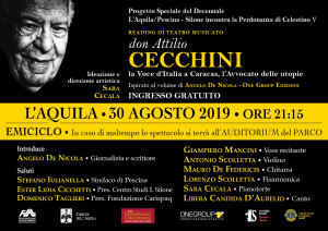Il reading di teatro musicato “Don Attilio Cecchini” all’Emiciclo,  dedicato al noto penalista aquilano, con l’attore Giampiero Mancini.