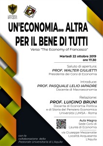 Un’economia altra… per il bene di tutti.  A L’Aquila, il 22 ottobre, conferenza del prof. Luigino Bruni.