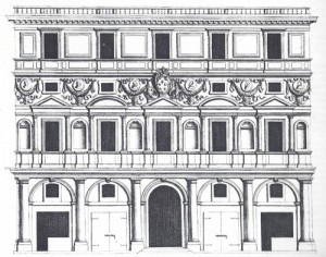 Il palazzo di Roma progettato da Raffaello per l’amico Branconio (calcografia di Pietro Ferrerio eseguita pochi anni prima della demolizione del palazzo avvenuta nel 1661, Biblioteca Hertziana, Roma).