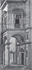 Raffaello, particolare del bozzetto per la scenografia dei Suppositi di Ludovico Ariosto (penna su carta, anno 1519, cm 62,5x29, Gabinetto Disegni e Stampe, Gallerie degli Uffizi, Firenze).