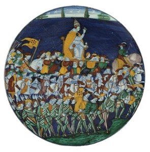 Una processione con Papa Leone X e l’elefante Annone (piatto in maiolica di manifattura toscana, anno 1516, diametro cm 49,6, The Wolfson Gallery, Victoria and Albert Museum, Londra).