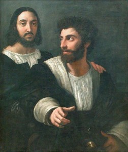 Raffaello, Autoritratto - a sinistra - con Giovanni Battista Branconio (olio su tela, anni 1518-19, cm 99x83, Musée du Louvre, Parigi, foto: A. Dequier e M. Bard).