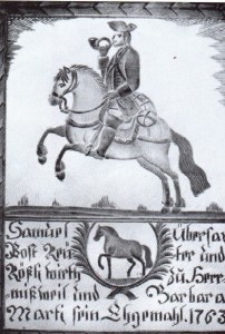 Corriere a cavallo dell'impresa postale Fischer con corno e sacco della posta a tracolla; vetro smerigliato realizzato nel 1763 (museo della comunicazione Berna).