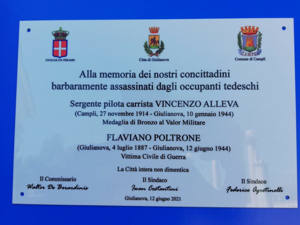 GIULIANOVA. Targa in memoria di Vincenzo Alleva e Flaviano Poltrone, uccisi dalle truppe tedesche d’occupazione. Il Comandante Militare dell’Esercito “Abruzzo Molise”, Colonnello Marco Iovinelli, scopre la targa.