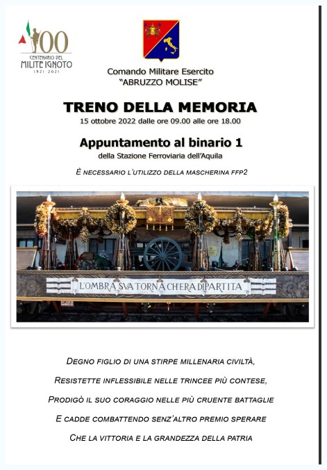 Milite Ignoto, sabato 15 ottobre a L’Aquila il “Treno della memoria”